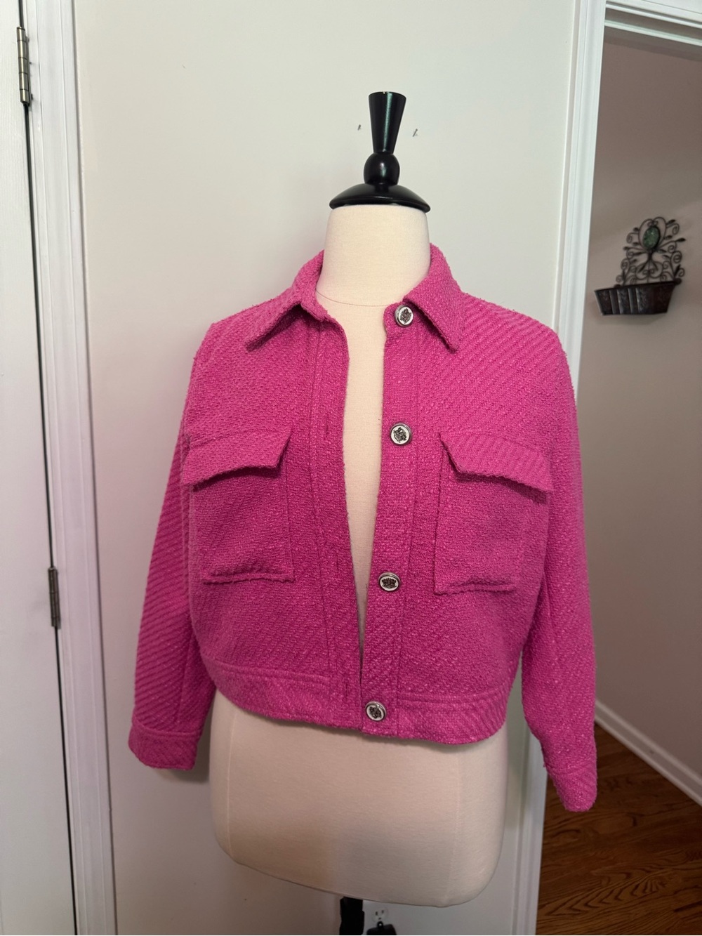 Zara Hot Pink Tweed Textured Button-Front Jacket